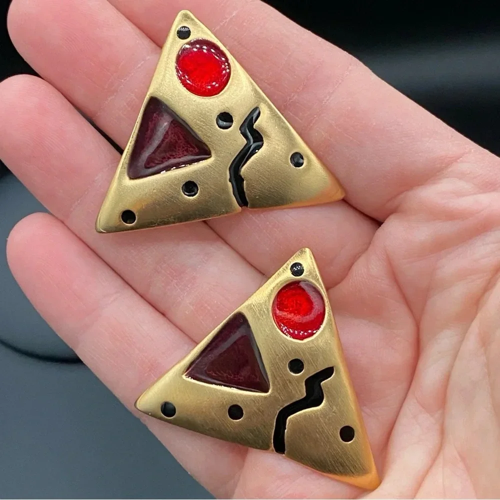 Retro 80s Glam Statement Earrings - Abstract Gold Plated Vintage Earrings